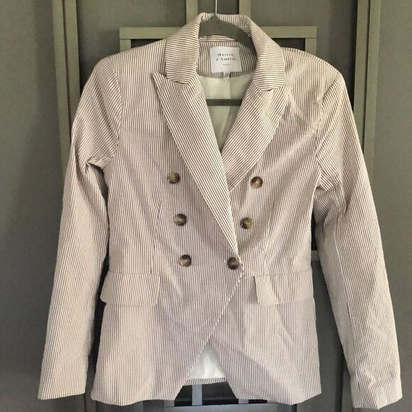 Maison D'Amelie Paris Brown pinstripe double breasted blazer with stretch size X - Picture 1 of 6